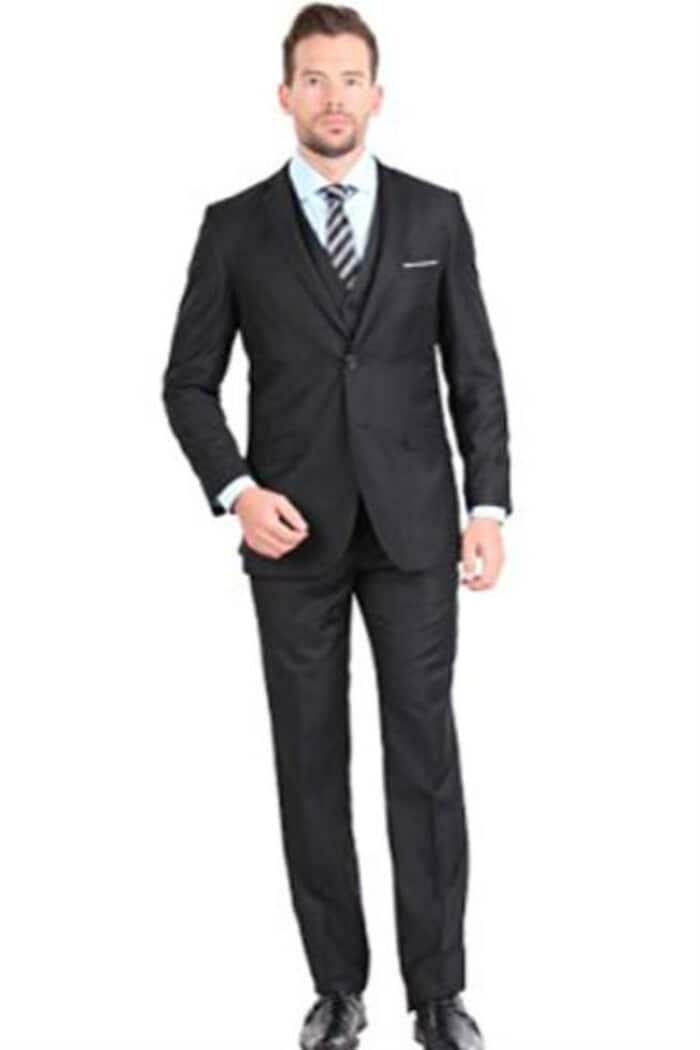 Dark color black Two Button Notch Collar 3 ~ Three Piece Slim Fit Vested Suit