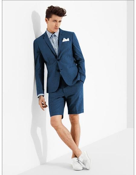 Men's summer business suits with shorts pants set (sport coat Looking) Denim Blue