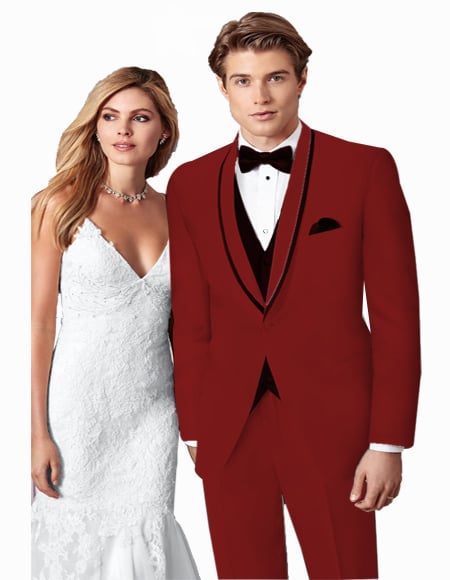 Prom ~ Wedding Tuxedo Suits Wtih Trim Shawl Collar Vested Suit Burgundy/Black Trim Burgundy Suit