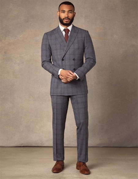 Men's Grey Tonal Prince of Wales Plaid Double Breasted Suits Extra Slim Fit Suit