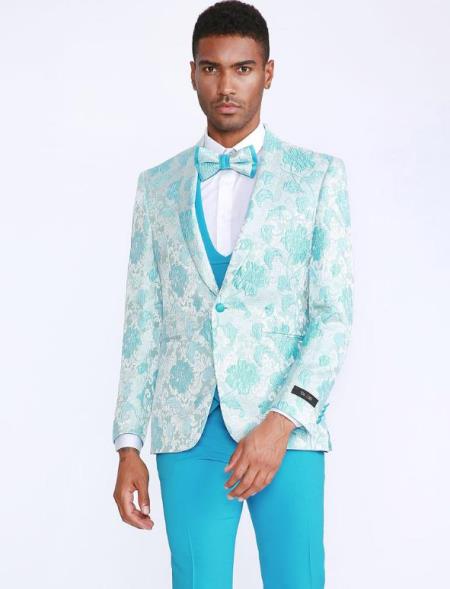 Aqua Tuxedo with Floral Pattern Four Piece Set - Wedding - Prom - Men's Flower Suit