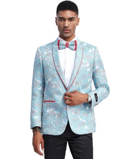 Light Blue Tuxedo Jacket Pattern with Red Trim Shawl Lapel - Blazer - Prom - Wedding