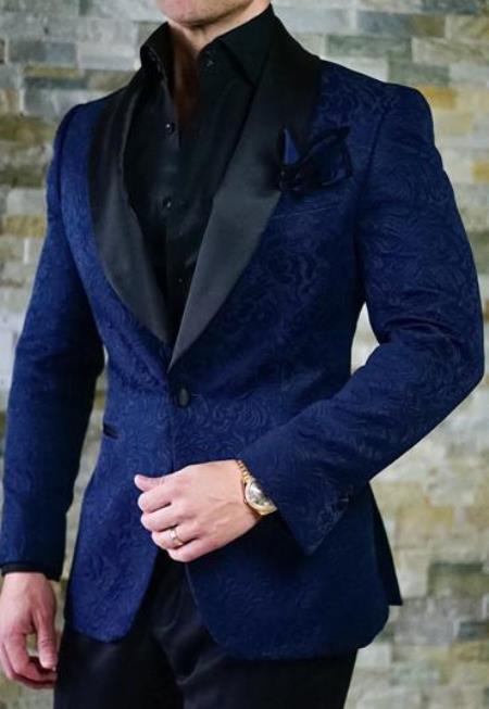 Navy Blue Velvet Blazer - Paisley Blazer - Blue Dinner Jacket - Floral Tuxedo