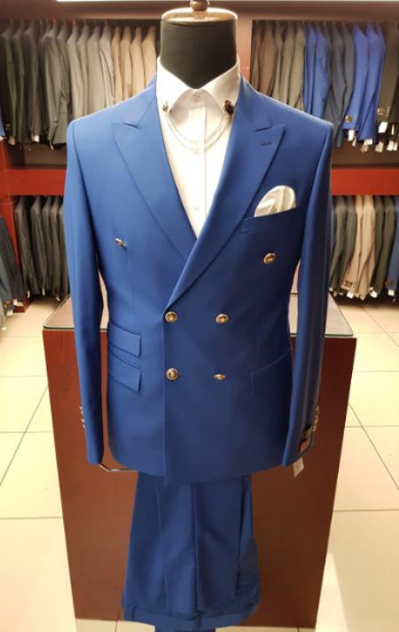 Slim Fitted Cut Mens Double Breasted Suit - Fabric - Flat Front Pants - 100% Wool Fabric