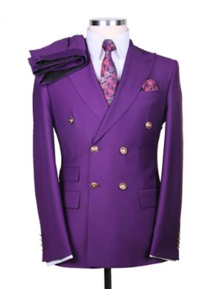 Slim Fitted Cut Double Breasted Suit With Gold Buttons - Purple Suit Flat Front Pants