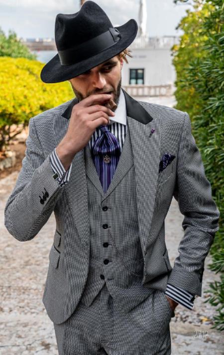 Mens Peak Lapel Ticket Pocket Suit Black and White