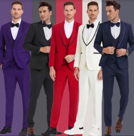 Trim Lapel Prom Tuxedo in Purple or Black or Red or Ivory or Navy - Wedding Suit