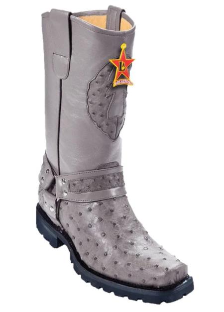 Mens Los Altos Full Quill Ostrich Biker Style Boot Gray