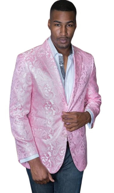 Mens Light Pink Tuxedo - White and Pink Paisley Sport Coat