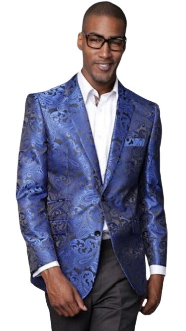 Mens Royal Blue Paisley Blazer - Big and Tall Sport Coat With Bowtie