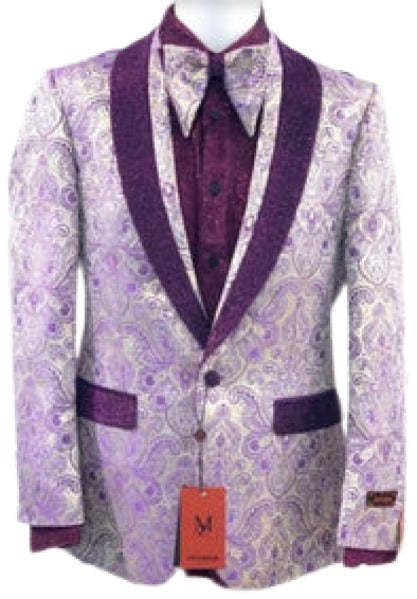 Mens Purple Paisley Blazer - Big and Tall Sport Coat With Bowtie