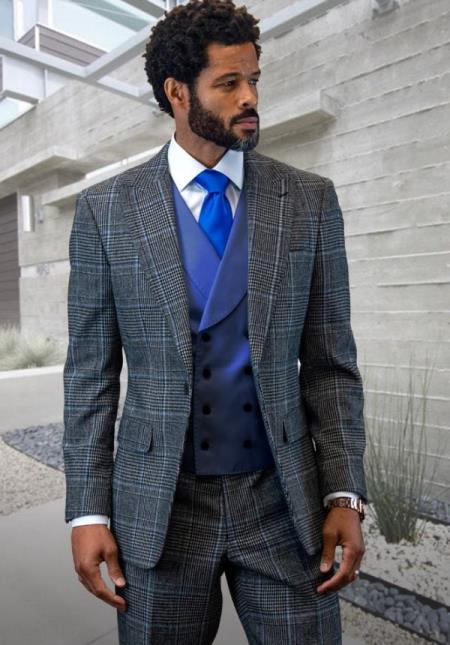 SKU#JA60604 Statement Mens 3 Piece Suit - Glen Plaid Checkered Indigo