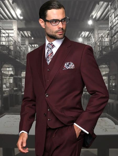 Mens Suits Regular Fit - Wool Suit - Pleated Pants - Burgundy Suit