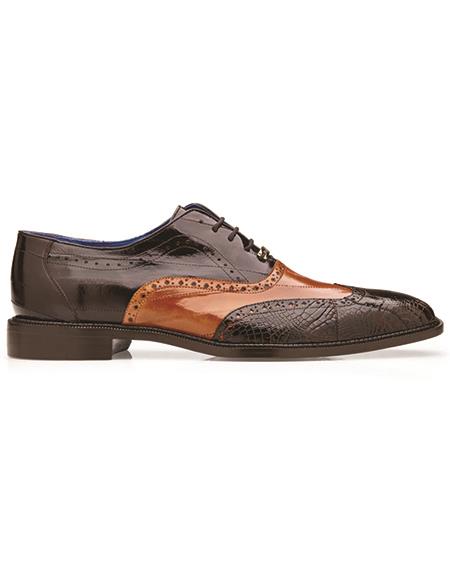 Belvedere Varo Genuine Alligator - Eel Wing Wingtip Shoes Chocolate - Ant Tan