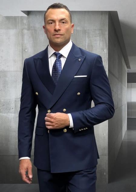 Mens 100% Wool 2 Piece Suit - Wide Peak Lapel Navy