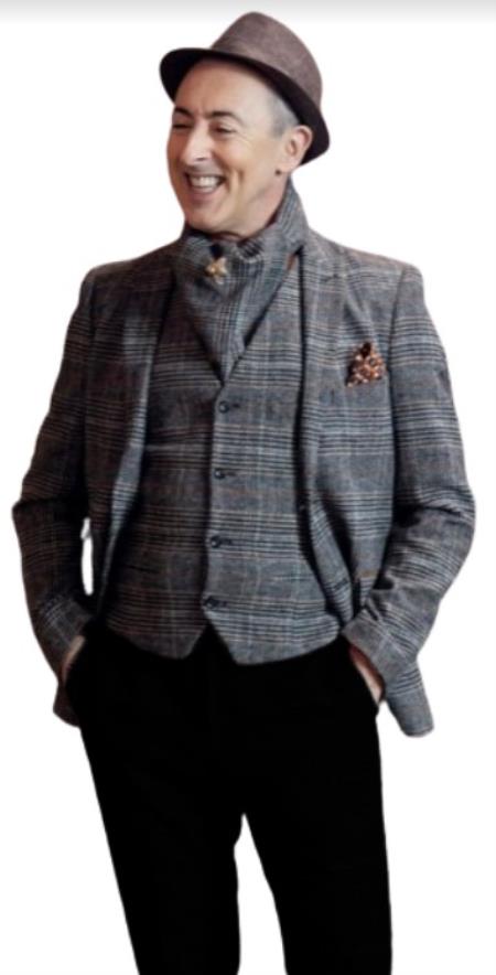 Brand: Mezlan Shoes For Men On Sale Mens Charcoal Grey With Rust Plaid Blazer - Gray with Orange Pattern Windowpane Wool Sportcoat