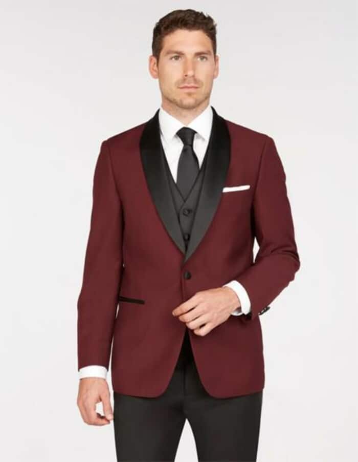 One Button Shawl Lapel Maroon and Black Suit - Black and burgundy suit