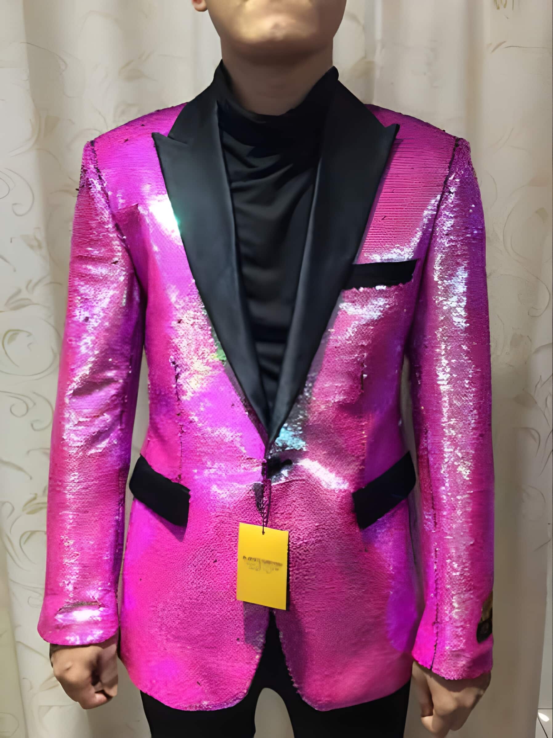 Paisley Patterned Tuxedo Twon Toned Sequin Glitter Fuchsia Fancy Party Blazer For Men