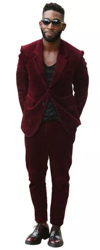 Men's Burgundy ~ Wine ~ Maroon Suit Corduroy Suit 2 Button Style + Jacket Sport coat + Pants Burgundy Suit