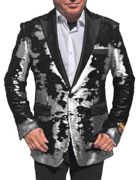 Shiny Sequin Glitter Tuxedo 1 Button White~Black Sport Coat